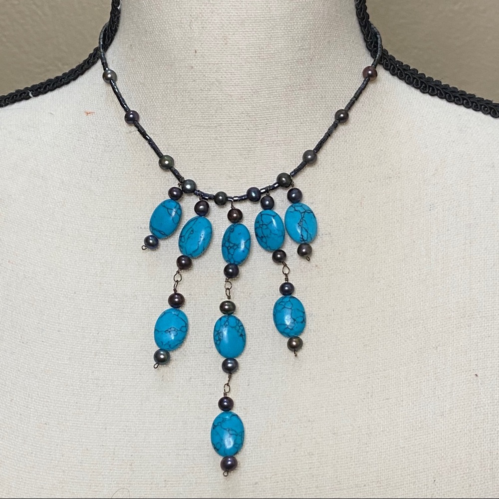 Turquoise Colored Beaded & Black Freshwater Pearl Necklace
